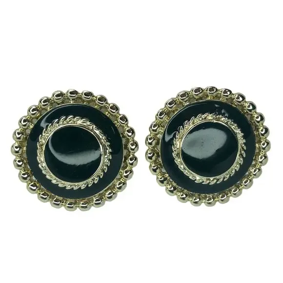 Black and Gold Circle Clip-On Earrings - Picture 2 of 3